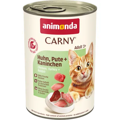 animonda Carny Adult 1+, kanaa, kalkkunaa ja kania. 100 % tuoreita ainesosia, korkea eläinproteiinipitoisuus, ei lisätty viljaa eikä sokeria. animonda Carny Adult 1+, kanaa, kalkkunaa ja kania. 100 % tuoreita ainesosia, korkea eläinproteiinipitoisuus, ei lisätty viljaa eikä sokeria.