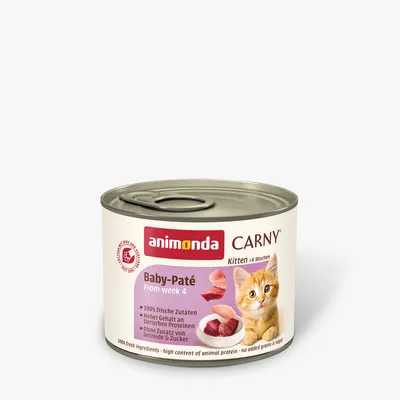 animonda Carny Baby-Paté Kitten alkaen 4 viikkoa, 100 % tuoreita ainesosia, korkea eläinproteiinipitoisuus, ilman lisättyä viljaa ja sokeria. animonda Carny Baby-Paté Kitten alkaen 4 viikkoa, 100 % tuoreita ainesosia, korkea eläinproteiinipitoisuus, ilman lisättyä viljaa ja sokeria.