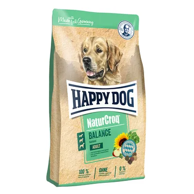 Happy Dog NaturCroq Balance Adult. Con erbe e spinaci, senza additivi artificiali, 100% Made in Germany. Confezione con immagine di Golden Retriever.
