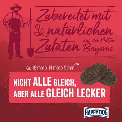 Texte en allemand : 'Zubereitet mit natürlichen Zutaten aus der Natur Bayerns', dimensions 16 mm x 14 mm x 9 mm, 'Nicht alle gleich, aber alle gleich lecker', Happy Dog.