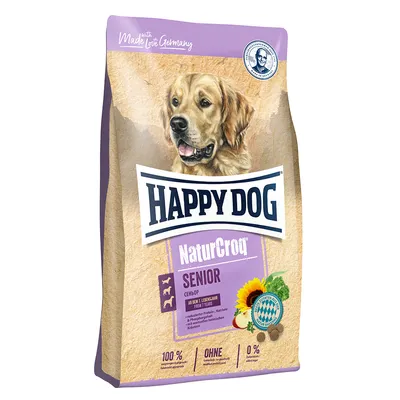 Happy Dog NaturCroq Senior, dai 7 anni, con proteine ridotte, ingredienti naturali ed erbe locali. 100% naturale, senza zuccheri aggiunti.