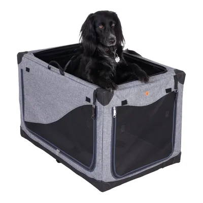 Transportbox aus grauem Stoff mit Netzfenstern und Reissverschlüssen, Hund sitzt oben heraus. Sichtbare Details: schwarze Ecken, Tragegriffe, orangefarbene Pfoten-Logo.