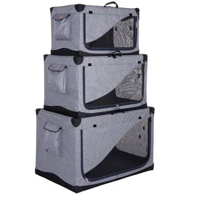 Drei faltbare Transportboxen in verschiedenen Grössen, grau mit schwarzen Netzfenstern und Taschen an den Seiten. Geeignet für Haustiertransport oder Aufbewahrung.