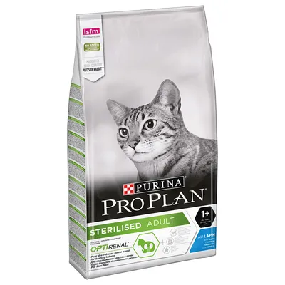 Purina Pro Plan Sterilised Adult, karma dla kotów dorosłych 1+, OPTIRENAL, z królikiem. Widoczne oznaczenia: isfm, no added artificial colours, made with high quality pieces of rabbit.