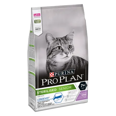 Опаковка Purina Pro Plan Sterilised Senior 7+ за котки, с текст: HIGH QUALITY TURKEY №1 INGREDIENT, RICH EN DINDE, LONGEVIS, без добавени изкуствени оцветители.