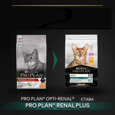 Сравнение на стара и нова опаковка Purina Pro Plan за котки: Opti-Renal Original Adult 1+ и Renal Plus Adult 1+. Видими са снимки на котки и маркировки isfm, 1+, Renal Plus.