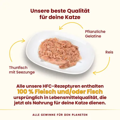 Texte en allemand : Thunfisch mit Seezunge, Pflanzliche Gelatine, Reis. 100 % Fleisch und/oder Fisch ursprünglich in Lebensmittelqualität, jetzt als Nahrung für deine Katze.