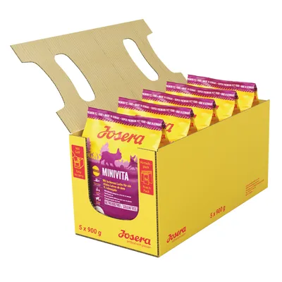 Josera Minivita -koiranruoka, 5 x 900 g pakkauksessa. Pakkauksessa tekstit: 'Getreidefrei/Grain Free', 'Vorteilspack', 'Easy to carry', 'Fresh Pack'.