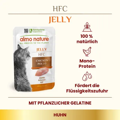almo nature HFC Jelly Chicken Pollo pour chat adulte, sachet avec image de chat et morceau de poulet. Texte visible : 100 % natürlich, Mono-Protein, Fördert die Flüssigkeitszufuhr, mit pflanzlicher Gelatine.
