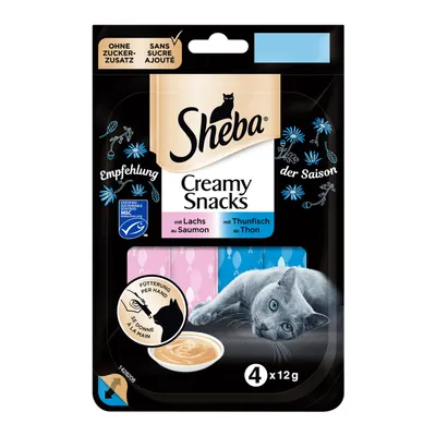 Sheba Creamy Snacks cat treats, 4 x 12g, with salmon and tuna. Visible text: ohne zuckerzusatz, sans sucre ajouté, certified sustainable seafood MSC, fütterung per hand, se donne à la main.