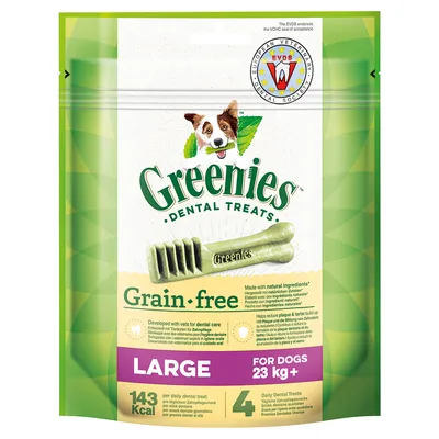 Greenies Dental Treats Grain-free, LARGE voor honden 23 kg+, 143 kcal per snack, 4 dagelijkse snacks. EVDS keurmerk zichtbaar op verpakking.