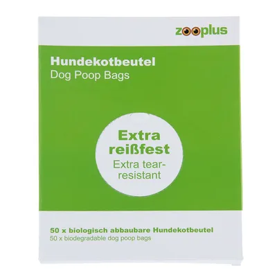 zooplus Hundekotbeutel Dog Poop Bags, Extra reißfest Extra tear-resistant, 50 x biologisch abbaubare Hundekotbeutel 50 x biodegradable dog poop bags. Testo in tedesco e inglese.