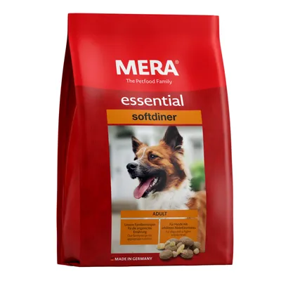 MERA essential softdiner Adult. Familieopskrifter til passende ernæring. Til hunde med øget aktivitetsniveau. Fremstillet i Tyskland.