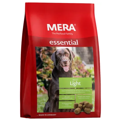 MERA essential Adult Light. Opskrift uden hvede, med Anti-Smell-Formula, til overvægtige hunde. Made in Germany.