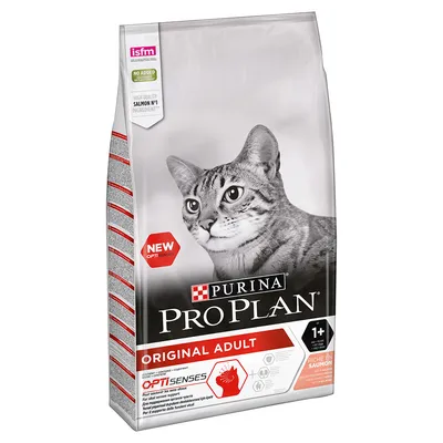 Purina Pro Plan Original Adult, 1+, OptiSenses, riche en saumon. Widoczny kot i oznaczenia: isfm, no added, high quality salmon N°1 ingredient, new OptiSenses.