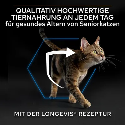 Qualitativ hochwertige Tiernahrung an jedem Tag für gesundes Altern von Seniorkatzen. Mit der Longevis® Rezeptur.