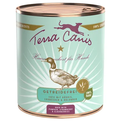 Boîte Terra Canis pour chien, texte visible : Getreidefrei, Ente mit Kürbis, Erdbeeren & Holunder, 100 % Natur, Duck with pumpkin, strawberry & elderberries. Texte en allemand et anglais.