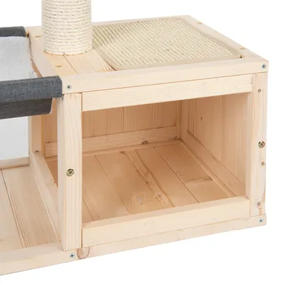 Holz-Katzenmöbel mit Sisal-Kratzfläche, offener Liegeplatz und gepolsterter Hängematte. Naturholzrahmen mit Schraubverbindungen.