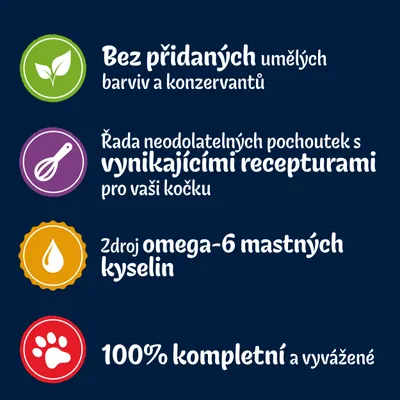 Bez přidaných umělých barviv a konzervantů, vynikající receptury pro kočku, zdroj omega-6 mastných kyselin, 100% kompletní a vyvážené.