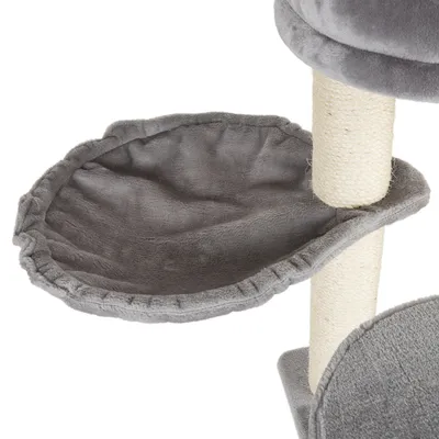 Grey hammock made of soft fabric, attached to a scratching post with sisal posts.
