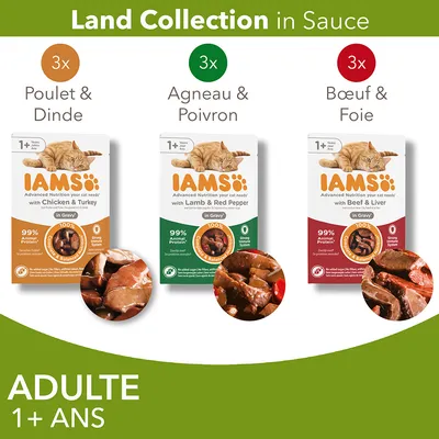 IAMS Land Collection en sauce pour chats adultes 1+ an : 3x Poulet & Dinde, 3x Agneau & Poivron, 3x Bœuf & Foie. 99 % protéines animales, sans sucres ajoutés, visible sur l’emballage.