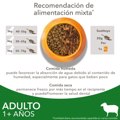 Recomendación de alimentación mixta para gatos adultos: 3 kg 40–55 g, 4 kg 50–65 g, 5 kg 55–75 g. Sustituye 20 g de pienso por 1 sobre de 85 g comida húmeda. Adulto 1+ años.