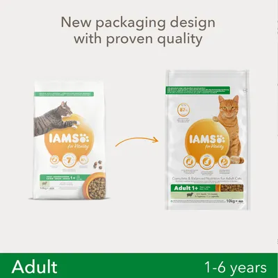 IAMS for Vitality Adult 1+ kissanruoka, uusi ja vanha pakkaus vierekkäin, molemmissa näkyy oranssi kissa ja tuotetiedot. Pakkauskoko 10 kg, tarkoitettu aikuisille kissoille.