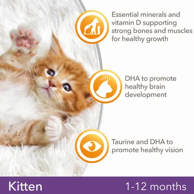 Kitten 1-12 months. Essential minerals and vitamin D supporting strong bones and muscles for healthy growth. DHA to promote healthy brain development. Taurine and DHA to promote healthy vision.