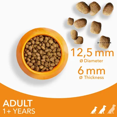Storleksinformation för torrfoder: diameter 12,5 mm, tjocklek 6 mm. Text: ADULT 1+ YEARS. Bild på foderkulor och en orange matskål med torrfoder.