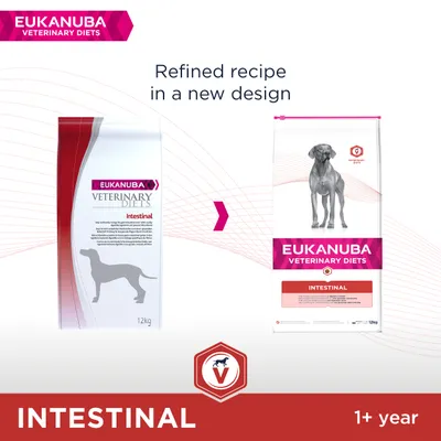 EUKANUBA Veterinary Diets Intestinal hondenvoer, oud en nieuw verpakkingsontwerp, 12 kg. Tekst: 'Refined recipe in a new design', geschikt voor honden vanaf 1 jaar.