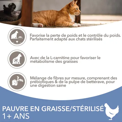 Pauvre en graisse/stérilisé 1+ ans. Favorise la perte et le contrôle du poids, L-carnitine pour le métabolisme des graisses, fibres avec prébiotiques et pulpe de betterave pour digestion saine.