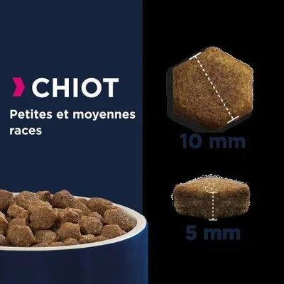Croquettes pour chiot petites et moyennes races, forme hexagonale, dimensions indiquées : 10 mm de large, 5 mm d’épaisseur. Texte visible : CHIOT Petites et moyennes races.