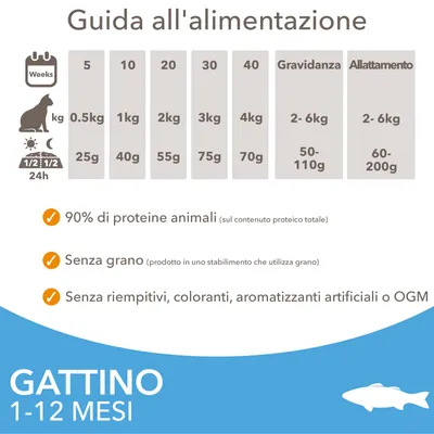 Guida all'alimentazione per gattino 1–12 mesi: dosi da 25g a 75g secondo peso, gravidanza 50–110g, allattamento 60–200g. 90% proteine animali, senza grano, senza riempitivi o OGM.