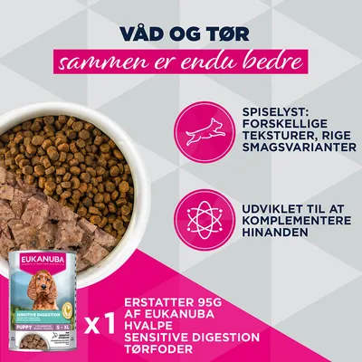 Eukanuba Sensitive Digestion Hvalp Vådfoder og Tørfoder, erstatter 95, g tørfoder. Forskellige teksturer, udviklet som supplement, rig på smagsvarianter.
