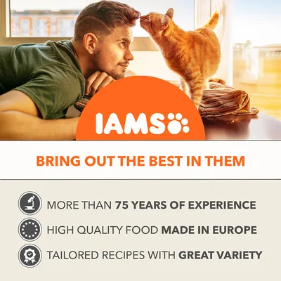 IAMS. BRING OUT THE BEST IN THEM. MORE THAN 75 YEARS OF EXPERIENCE. HIGH QUALITY FOOD MADE IN EUROPE. TAILORED RECIPES WITH GREAT VARIETY. Text v angličtine.