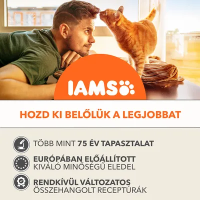 IAMS. Hozd ki belőlük a legjobbat. Több mint 75 év tapasztalat, Európában előállított kiváló minőségű eledel, rendkívül változatos összehangolt receptúrák.
