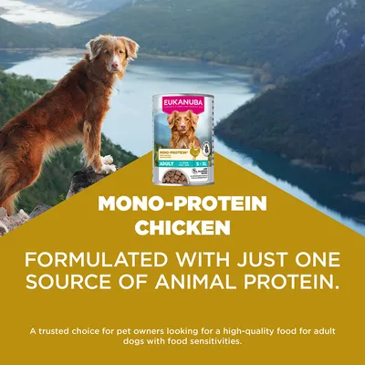 Eukanuba Mono-Protein Kana, koostettu vain yhdestä eläinperäisestä proteiinilähteestä. Suositellaan aikuisille koirille, joilla on ruokaintoleransseja.
