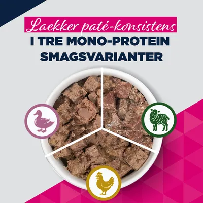 Paté-konsistens i tre mono-protein smagsvarianter: And, lam og kylling. Tekst på dansk på billedet. Paté-konsistens i tre mono-protein smagsvarianter: And, lam og kylling. Tekst på dansk på billedet.