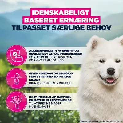 Allergivenlig, hvedefri, begrænsede ingredienser for at reducere overfølsomhed. Omega-6 og omega-3 fra naturlige kilder. Højt indhold af havfiskeprotein.