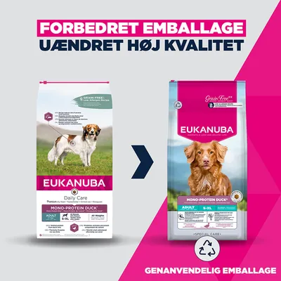 Sammenligning af den gamle og nye Eukanuba Mono-Protein Duck emballage med henvisning til forbedret, genanvendelig emballage med uændret kvalitet. Sammenligning af den gamle og nye Eukanuba Mono-Protein Duck emballage med henvisning til forbedret, genanvendelig emballage med uændret kvalitet.