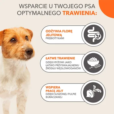 Wsparcie optymalnego trawienia psa: odżywia florę jelitową prebiotykami, łatwe trawienie dzięki ryżowi, wspiera pracę jelit dzięki suszonej pulpie buraczanej.