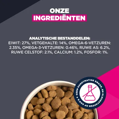 Analytische bestanddelen: Eiwit 27%, vetgehalte 14%, omega-6-vetzuren 2,35%, omega-3-vetzuren 0,46%, ruwe as 6,2%, ruwe vezel 2,1%, calcium 1,2%, fosfor 1%. Analytische bestanddelen: Eiwit 27%, vetgehalte 14%, omega-6-vetzuren 2,35%, omega-3-vetzuren 0,46%, ruwe as 6,2%, ruwe vezel 2,1%, calcium 1,2%, fosfor 1%.