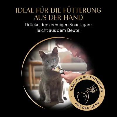Ideal für die Fütterung aus der Hand. Drücke den cremigen Snack ganz leicht aus dem Beutel.