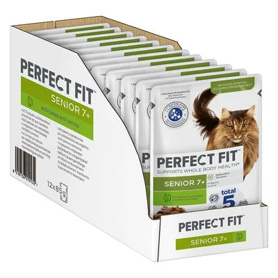 Perfect Fit Senior 7+ kattenvoer, verpakking met 12 zakjes van 85 g. Tekst: supports whole body health, total 5, met kalkoen en wortel, geen kunstmatige kleur- of smaakstoffen.