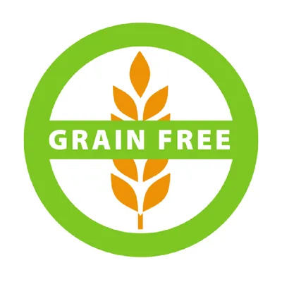 Grain Free. Символ беззерновых продуктов с зелёным кругом и оранжевым мотивом пшеницы.