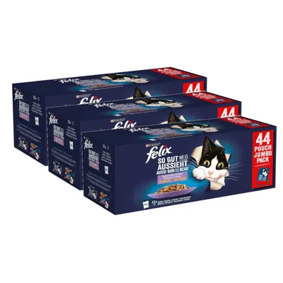 Felix So gut wie es aussieht, 44 Pouch Jumbo Pack in Gelee, Sorten: Rind, Lachs, Thunfisch.