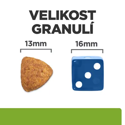 Velikost granulí: granule 13 mm vedle modré kostky 16 mm pro porovnání velikosti.