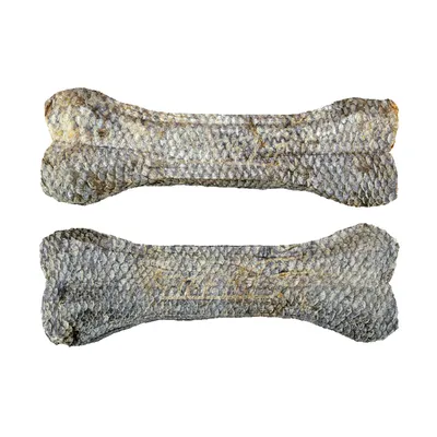 Two dog bones made from dried fish skin, textured surface with scale pattern.