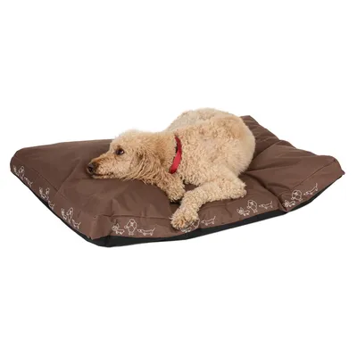 Brązowe legowisko dla psa z białymi rysunkami psów na brzegach, leży na nim pies o kręconej sierści i czerwonej obroży.