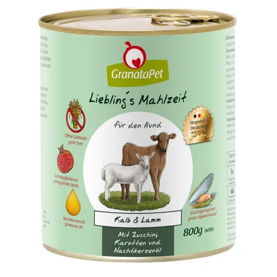 Konzerva GranataPet Liebling's Mahlzeit pro psy, Kalb & Lamm, 800g. Text: Ohne Getreide, Granatapfelkerne, Nachtkerzenöl, Hergestellt in Deutschland, Mit Zucchini Karotten und Nachtkerzenöl.